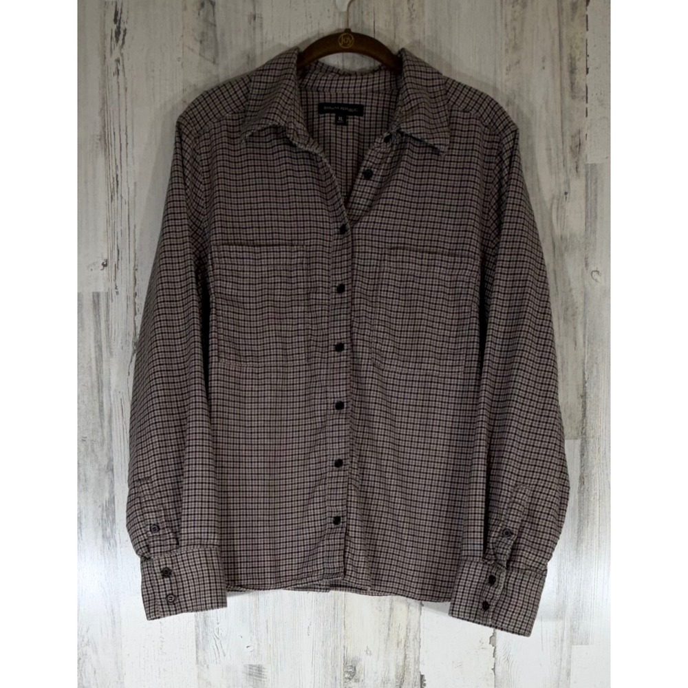Banana Republic Button Down Flannel Shirt XL Brown Plaid Cotton Utility